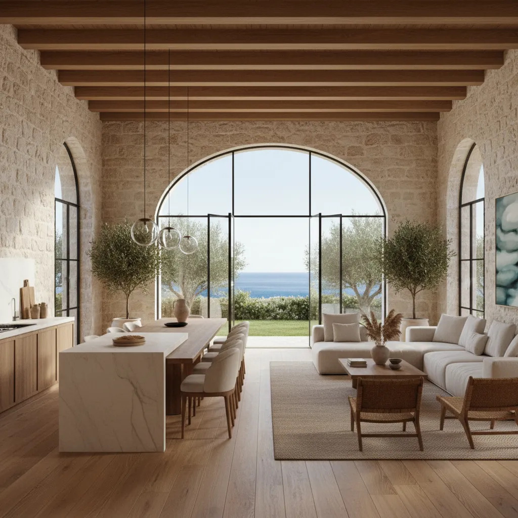 Espacio abierto de cocina y salón en una villa moderna mediterránea