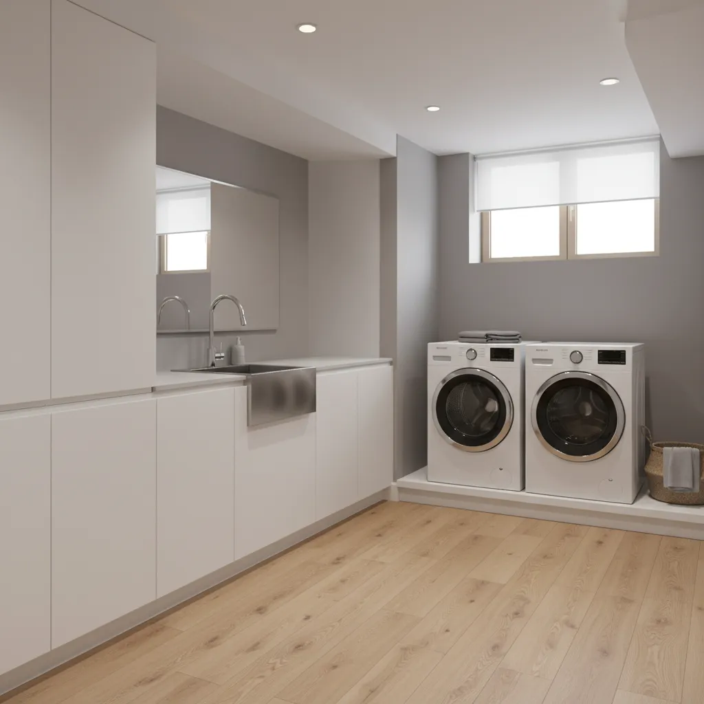luxury vinyl plank flooring in a basement laundry room