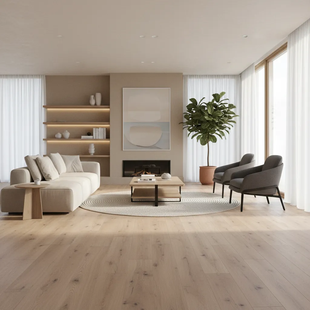 modern living room with luxury vinyl plank flooring installed