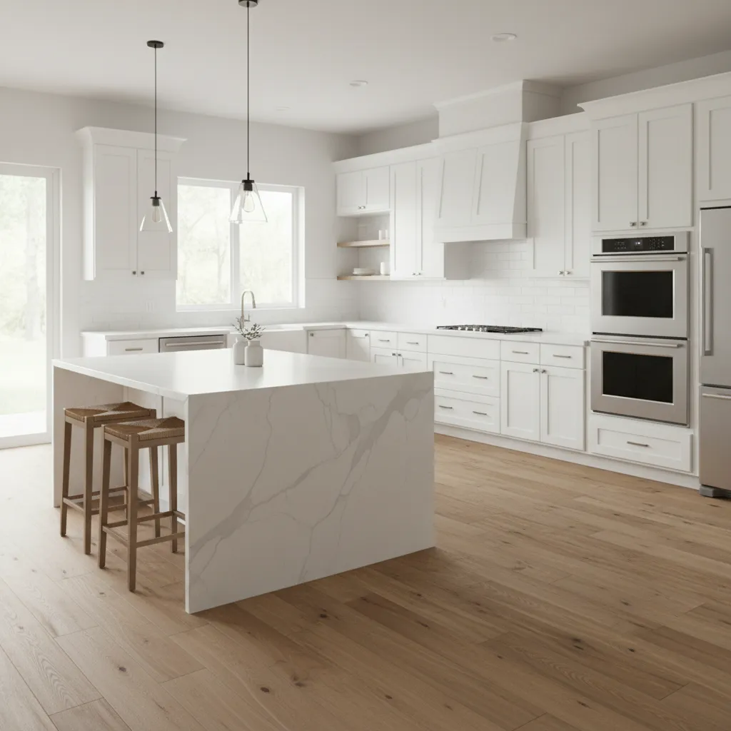 luxury vinyl plank flooring with white kitchen cabinets