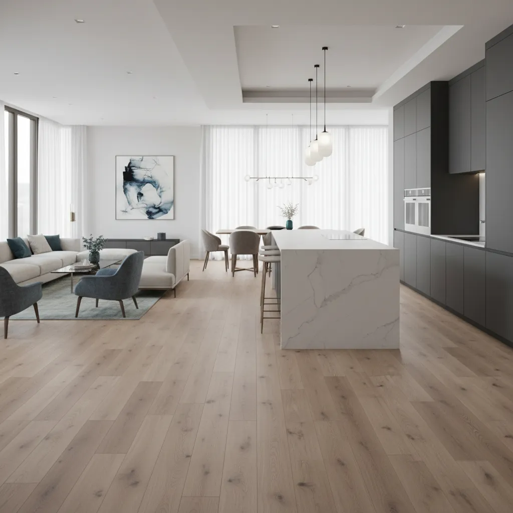 Luxury vinyl plank flooring across open concept kitchen and living room