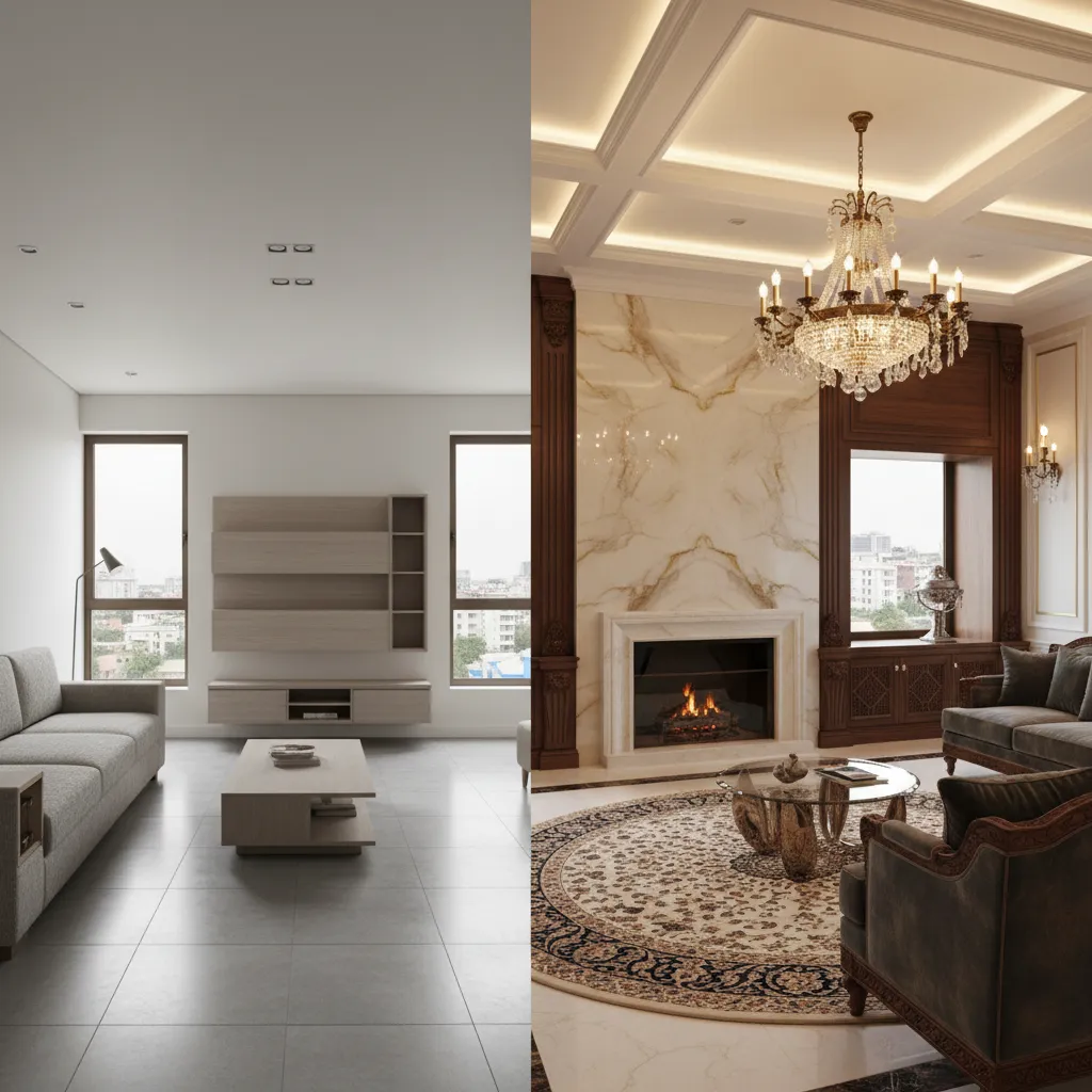 Comparison between luxury custom interior and simple modular interior
