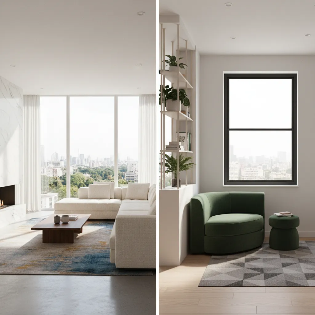 Comparison of luxury living room built-in corner seating and compact apartment corner chair layout