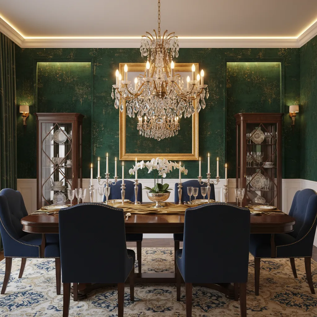 Dining room with deep jewel tone wallpaper and chandelier lighting