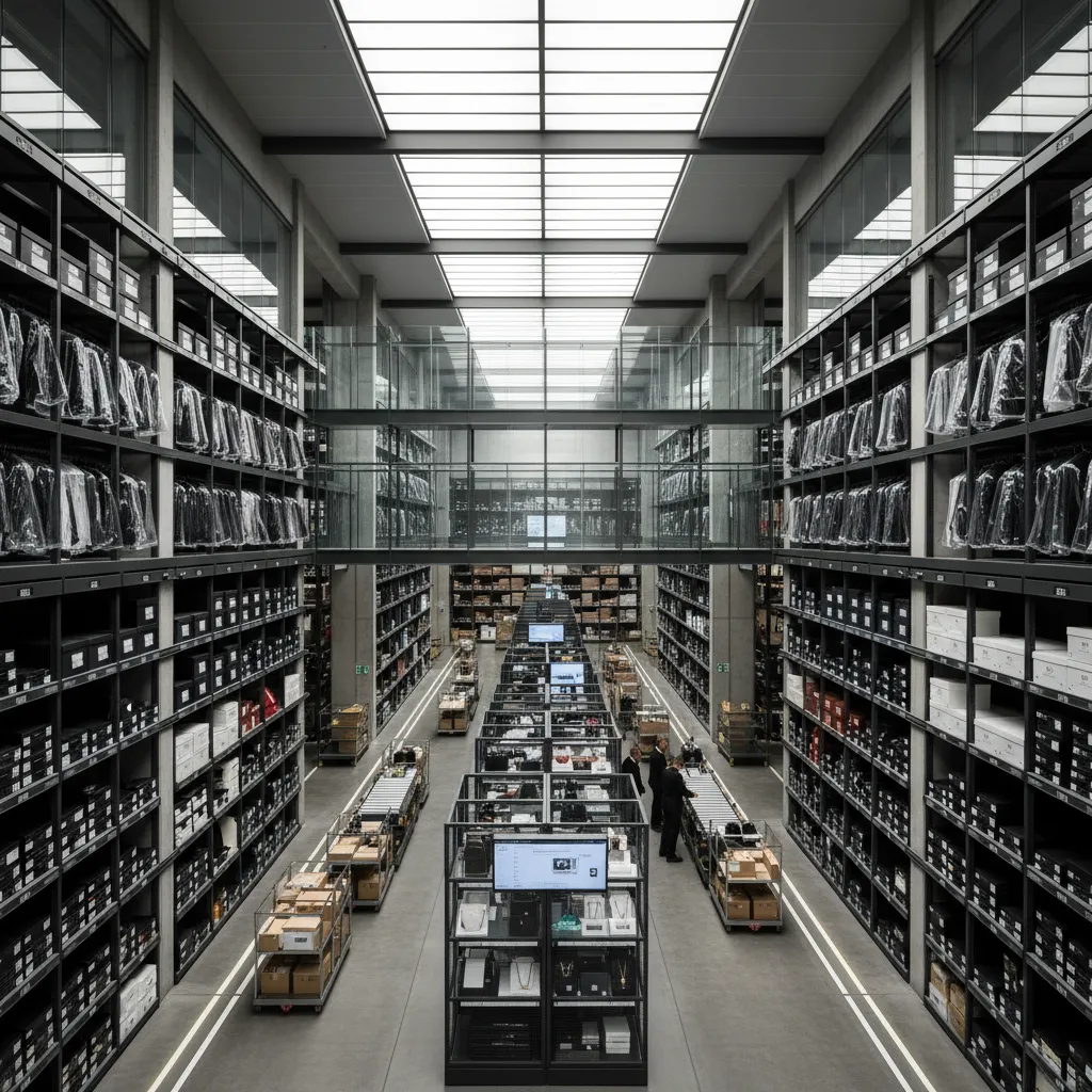Modern warehouse with black storage shelves holding clothes and boxes under a bright glass ceiling