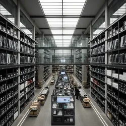 Modern warehouse with black storage shelves holding clothes and boxes under a bright glass ceiling
