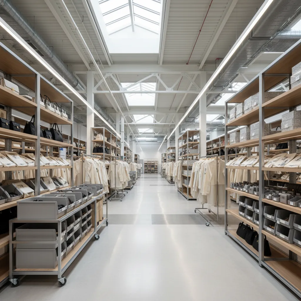 Large warehouse storage area with metal shelves, white clothing, bags, roof windows and bright lighting