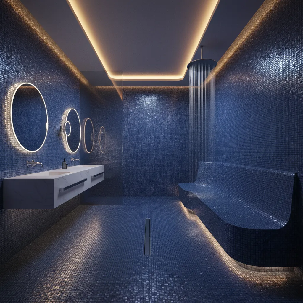 Luxury wet room with blue mosaic tile floor and curved bench
