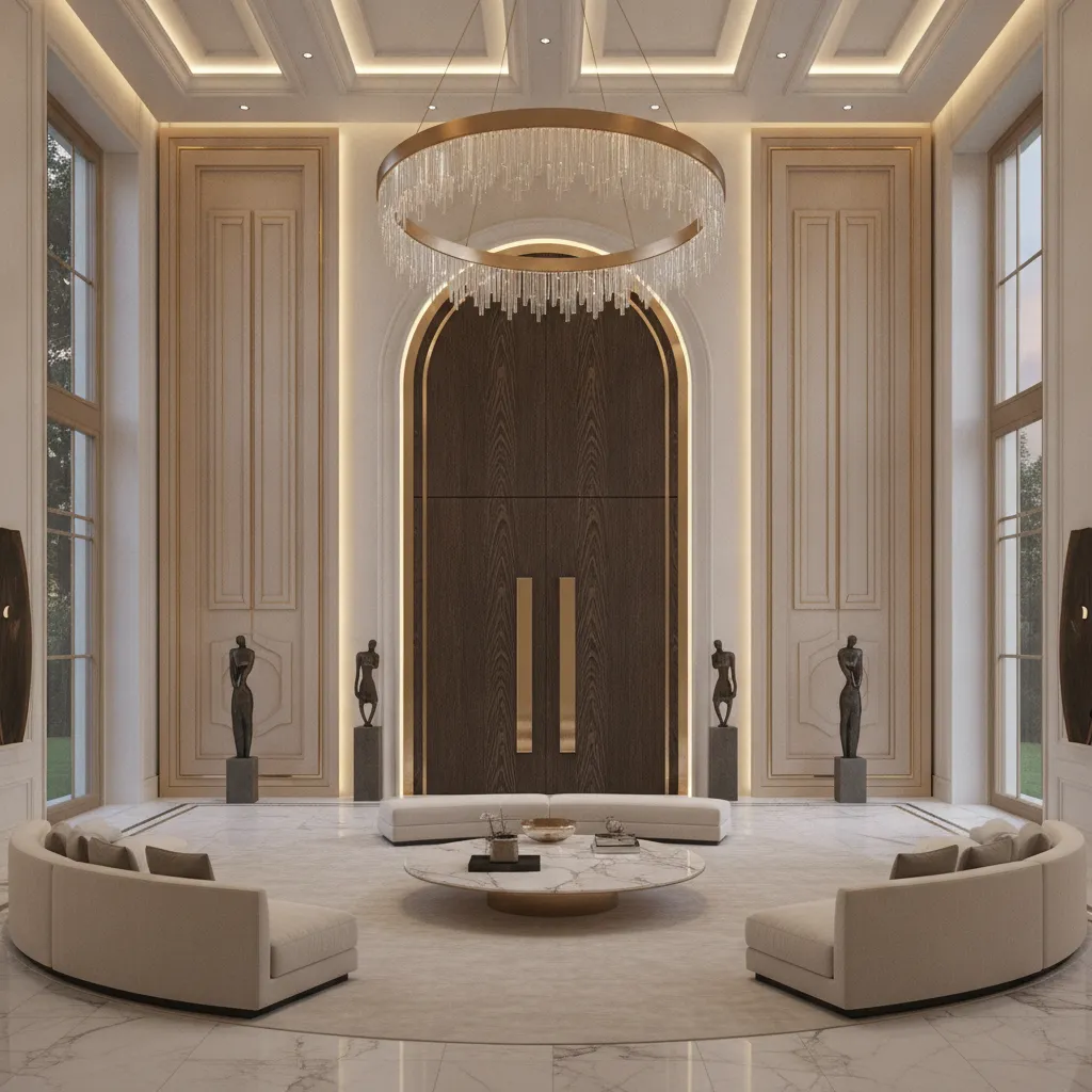 Large solid wood designer door in luxury hall