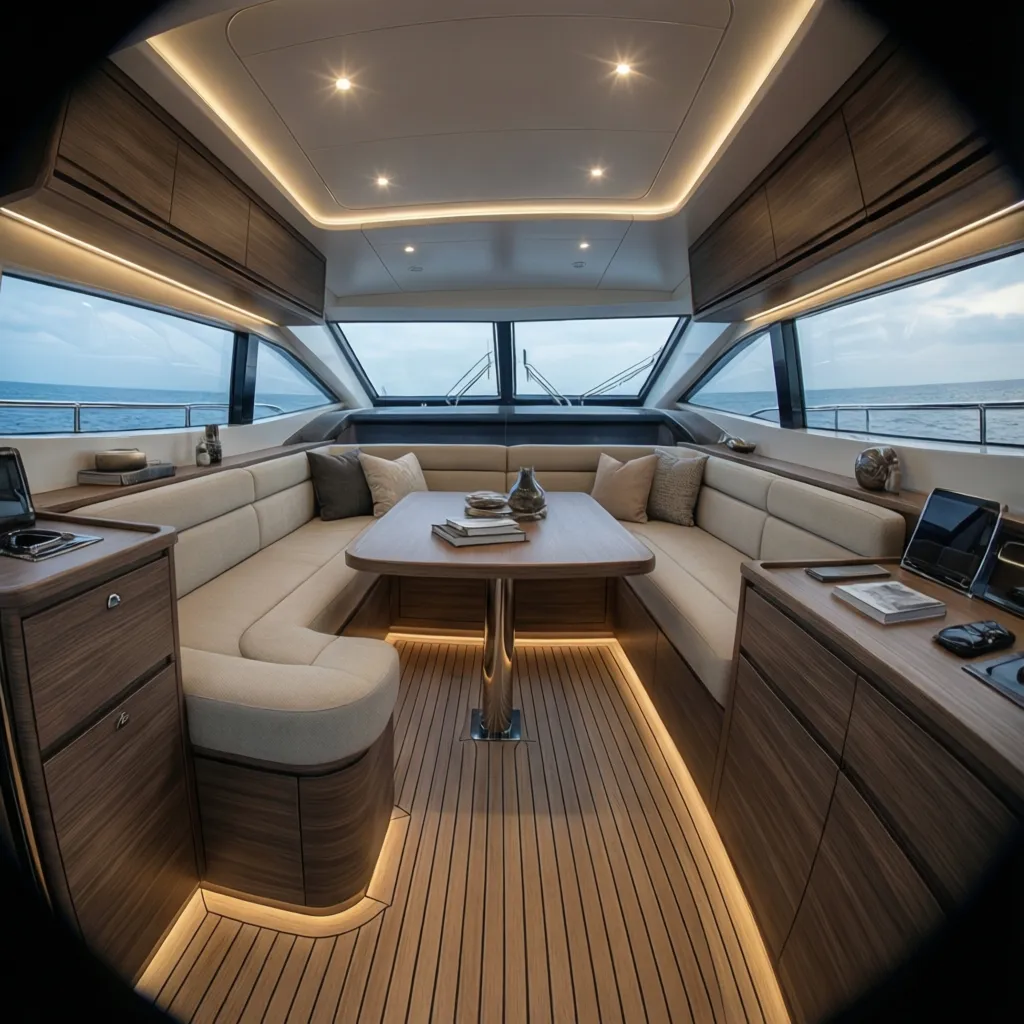 modern luxury yacht cabin with composite materials and minimalist furniture