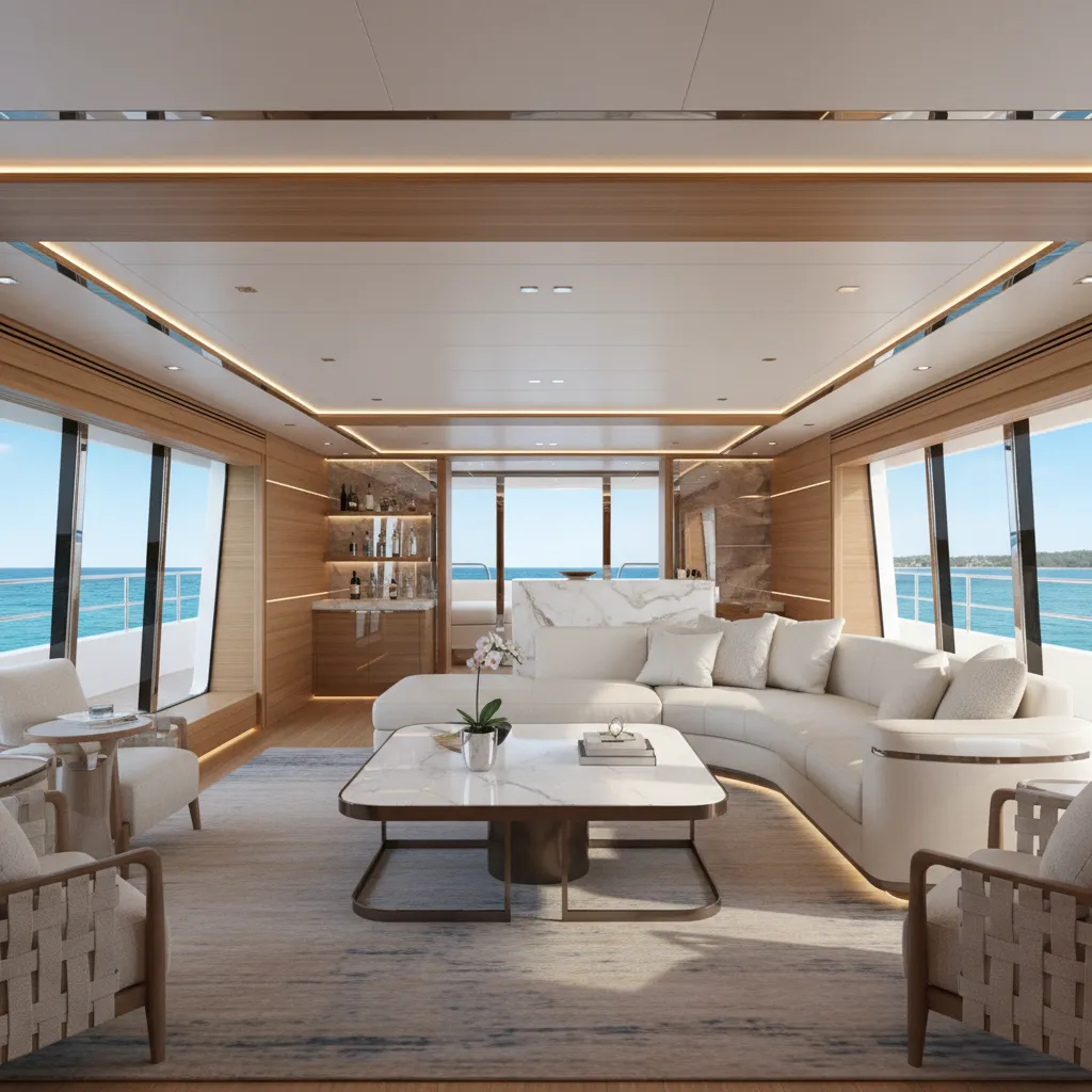 luxury yacht salon interior with layered lighting and premium materials