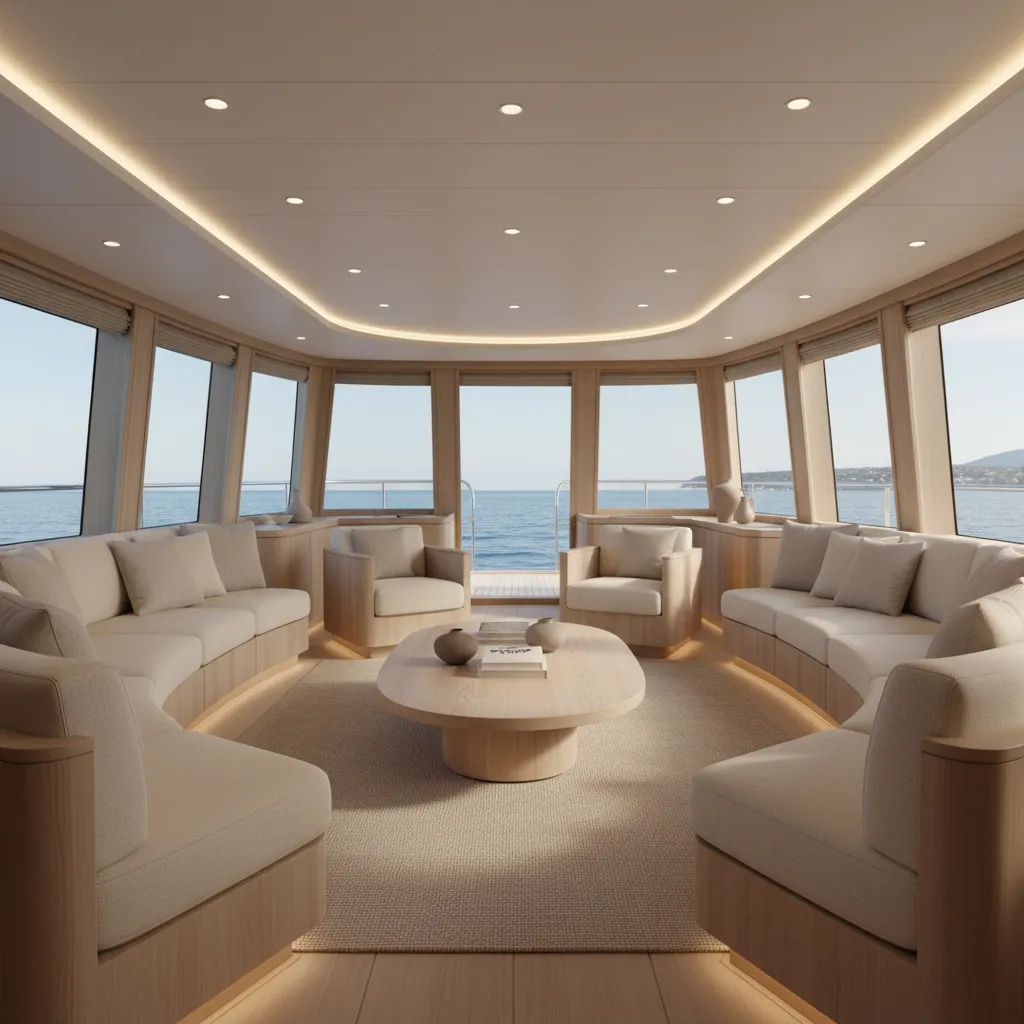 Modern yacht salon interior with built-in seating and open layout