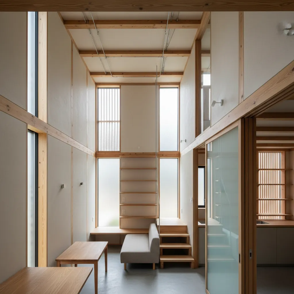 Interior view showing aligned structure, tall narrow windows, and controlled daylight shaping compact spaces