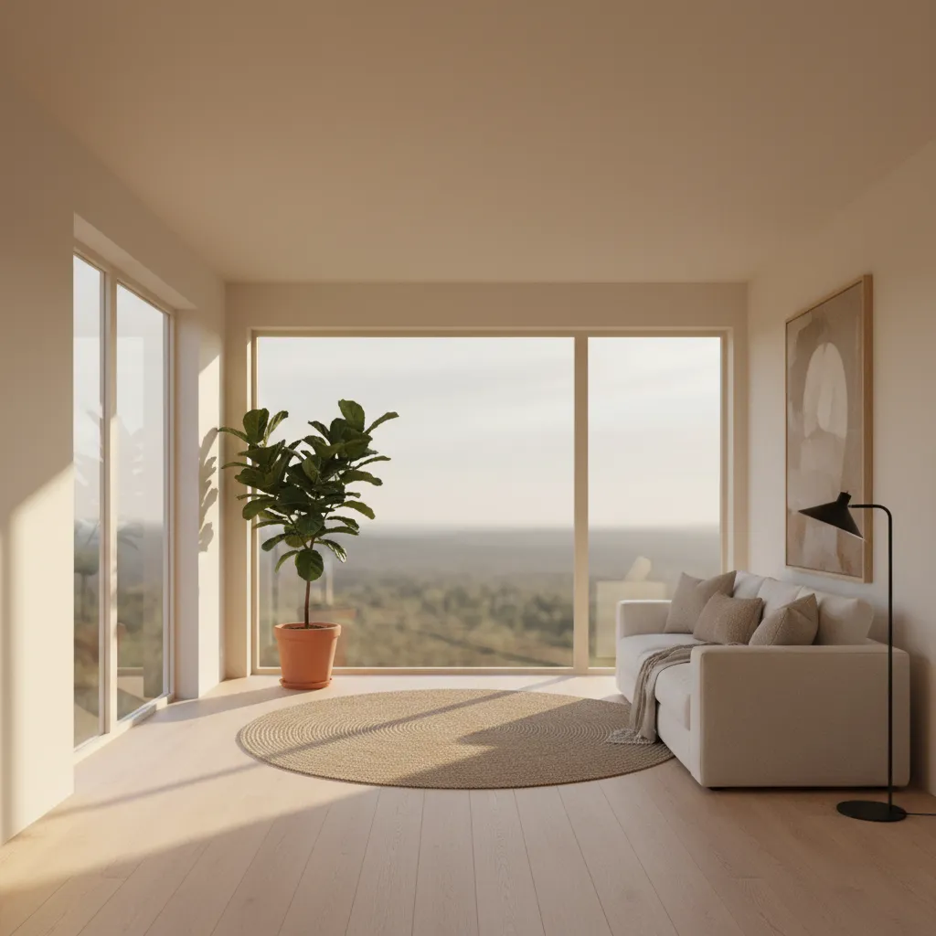 Bright room with large window showing sunset view white sofa round rug and potted plant