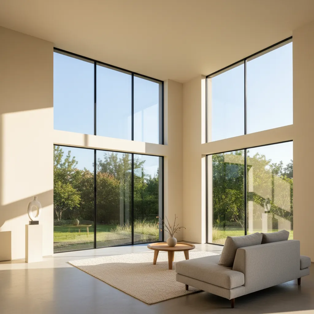 Habitación con luz natural entrando por grandes ventanas mostrando cómo cambia el color de las paredes