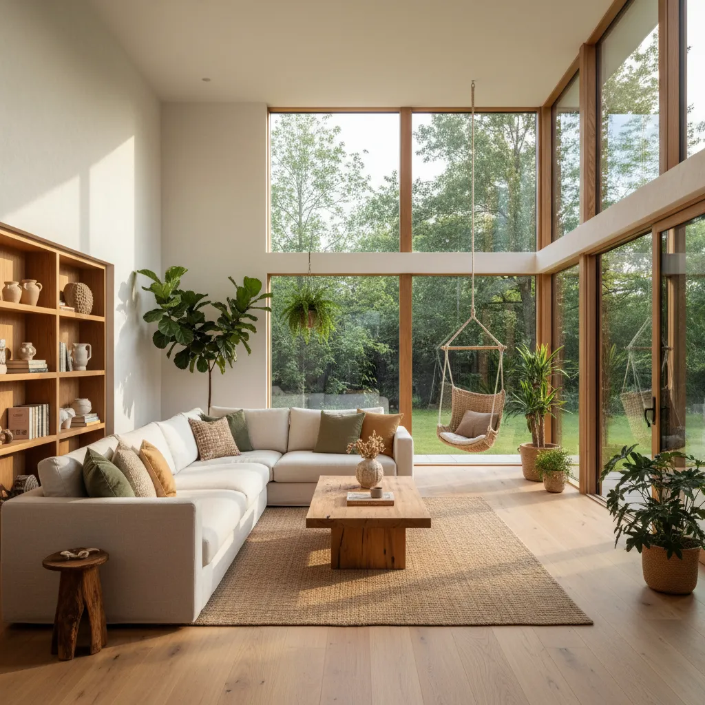 Sala de estar luminosa con grandes ventanas y buena orientación solar