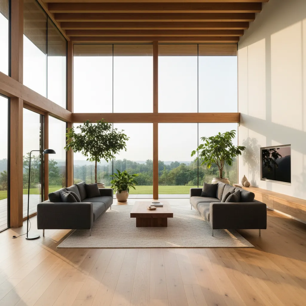 Interior de casa con grandes ventanas iluminando salón y comedor