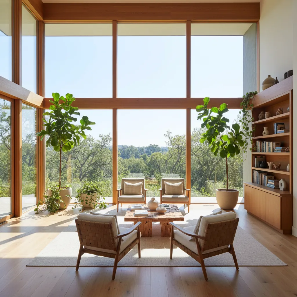 Sala de estar con grandes ventanales y abundante luz natural