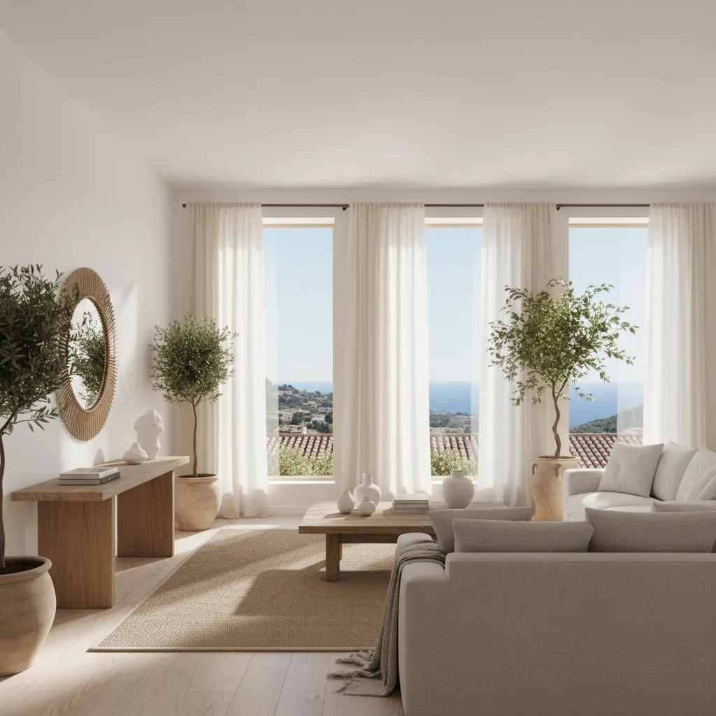 Salón con grandes ventanales y luz natural mediterránea