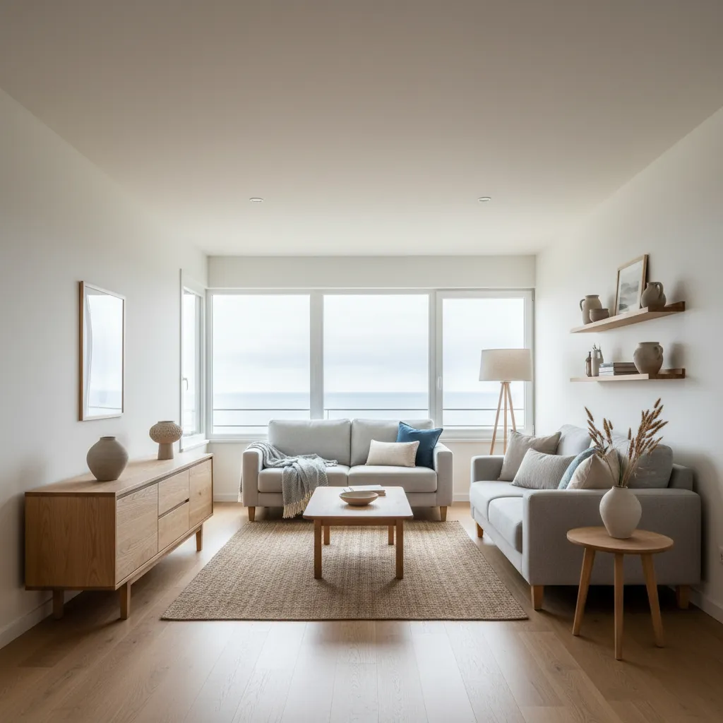 Salón con paredes claras y madera diseñado para mejorar la luz natural