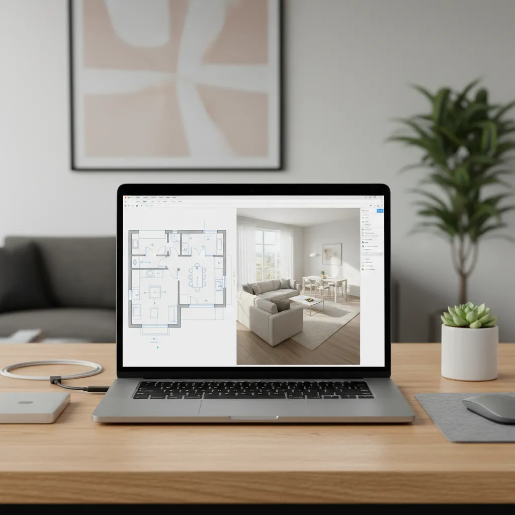Mac laptop displaying home design software with floor plan and 3D preview