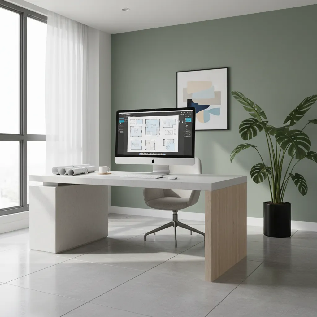 Home office with Mac computer displaying a floor plan layout design