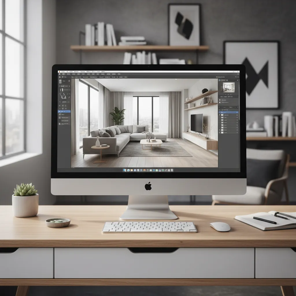 Mac computer displaying interior home design software interface