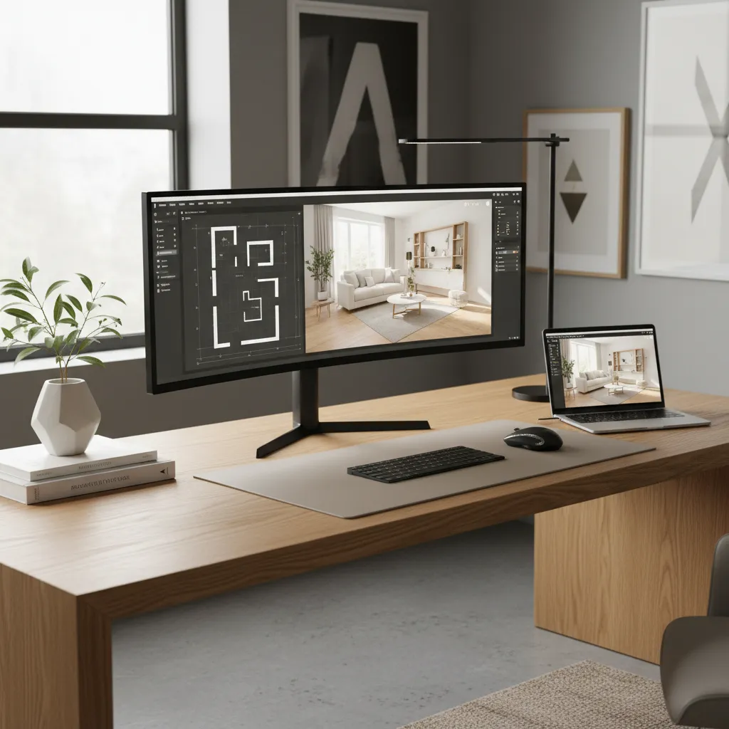 Designer using interior design software on a Mac computer with a room model visible