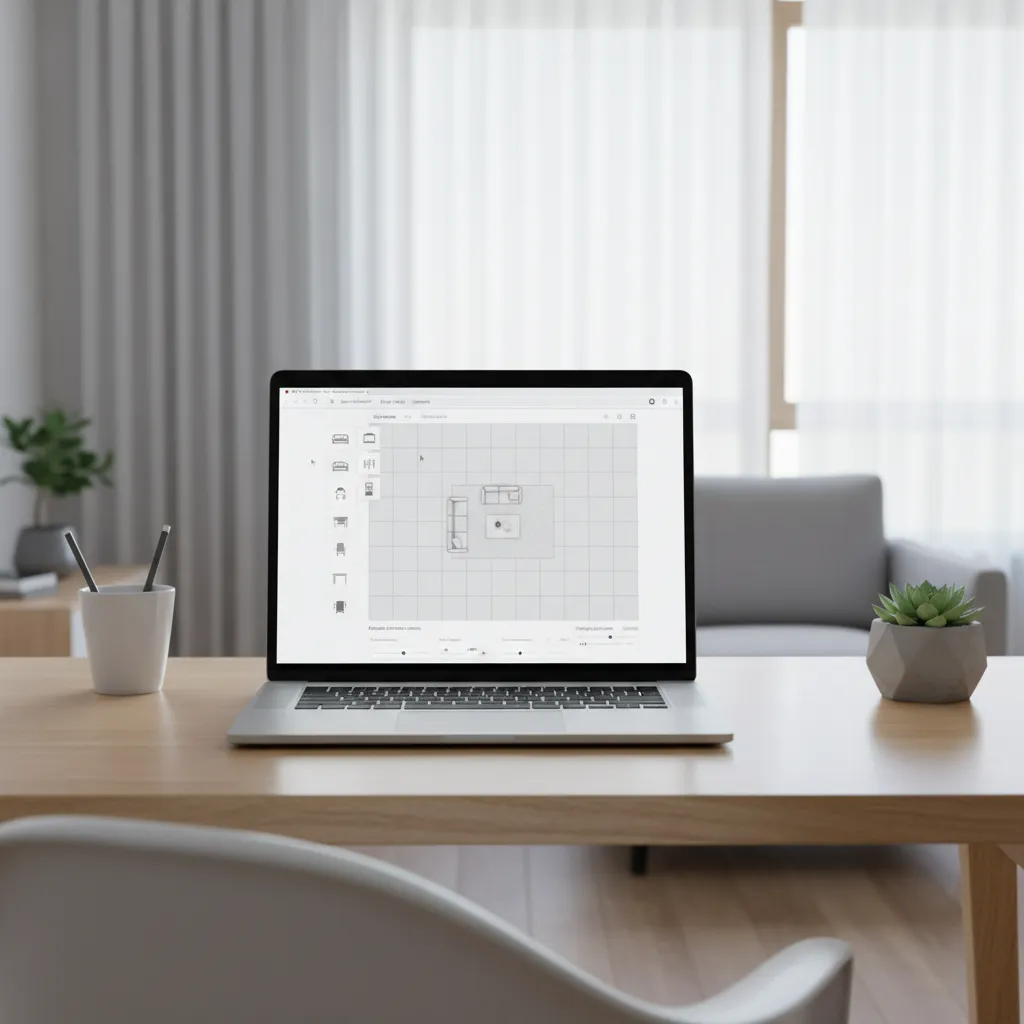 Mac laptop displaying a browser based room layout planner interface with floor plan grid