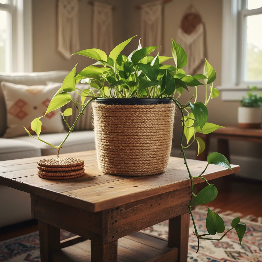 Maceta decorada con cuerda de yute enrollada