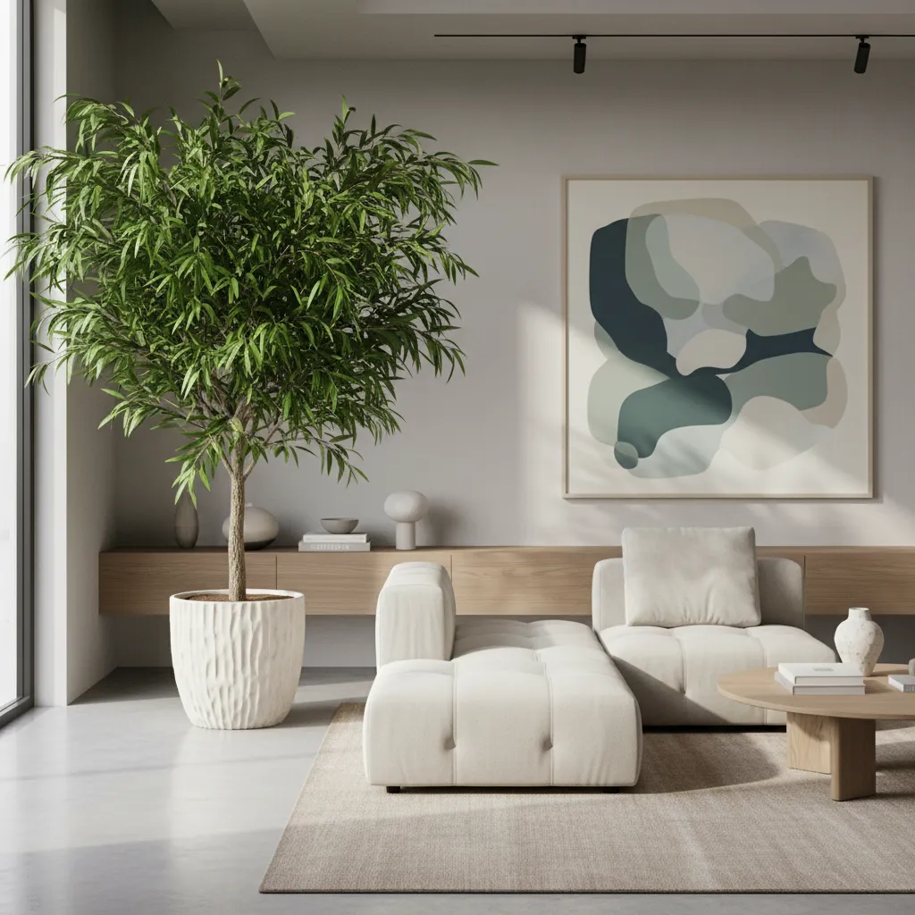 Modern living room with large potted plant, beige sofa, wooden table, and abstract wall art