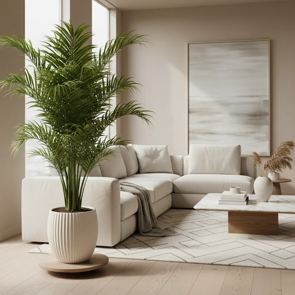 Palmera grande en maceta de diseño dentro de un salón moderno