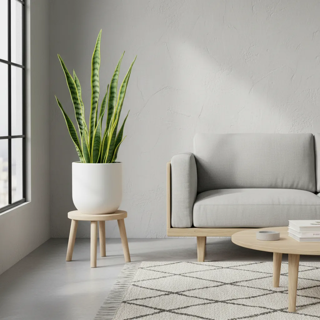 Snake plant growing indoors beside furniture