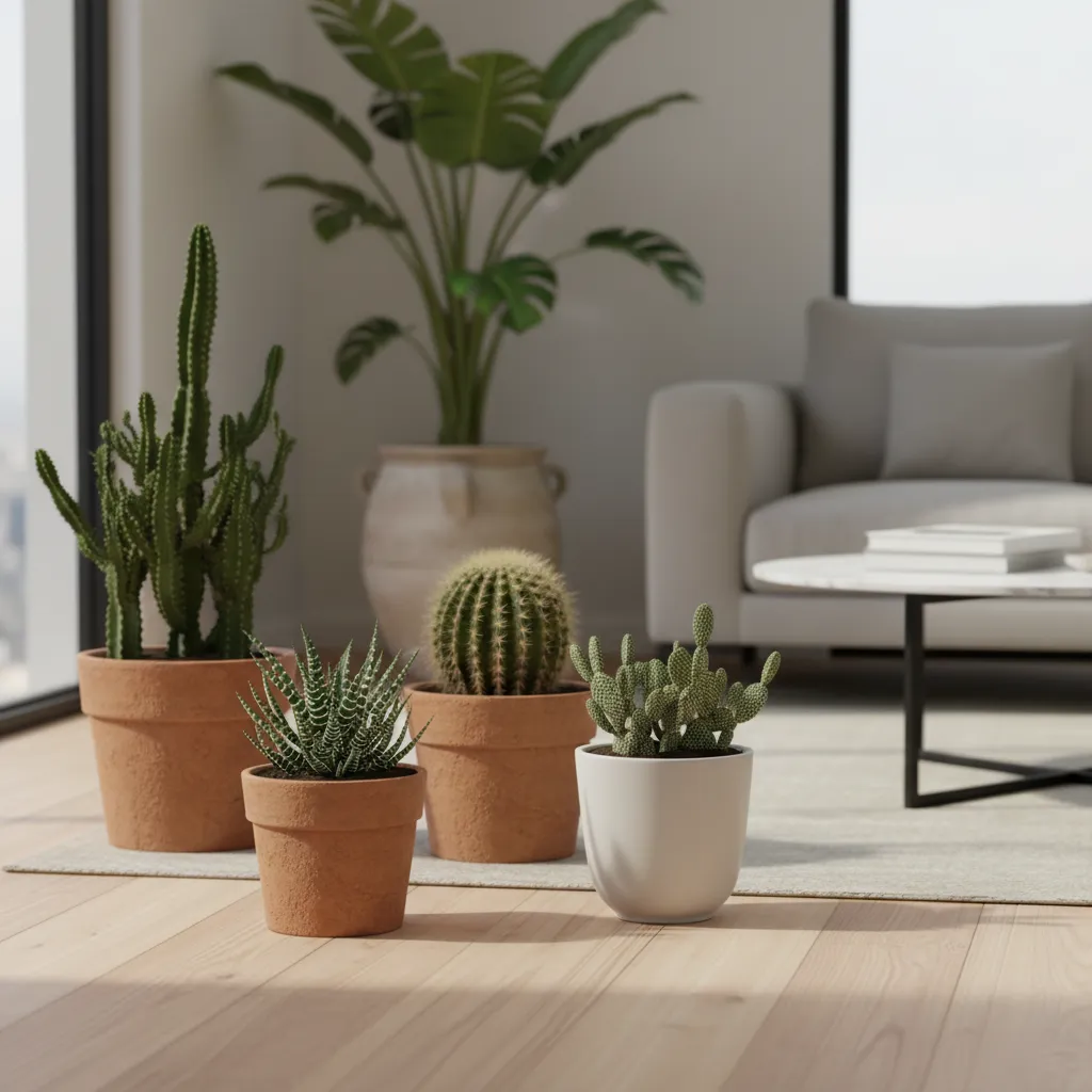 Four small potted cactus plants on a wooden floor in a modern bright living room