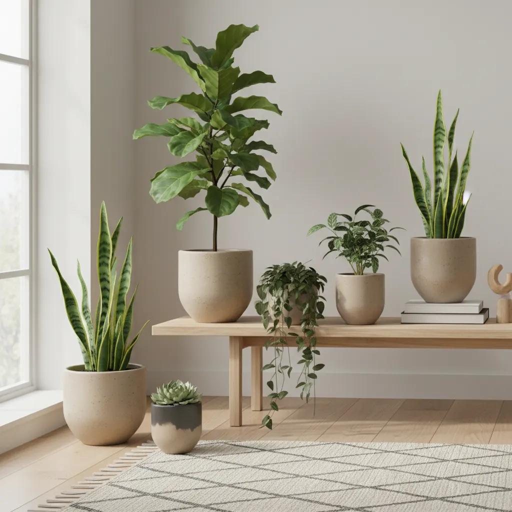 Conjunto de macetas de cerámica neutra con plantas decorativas