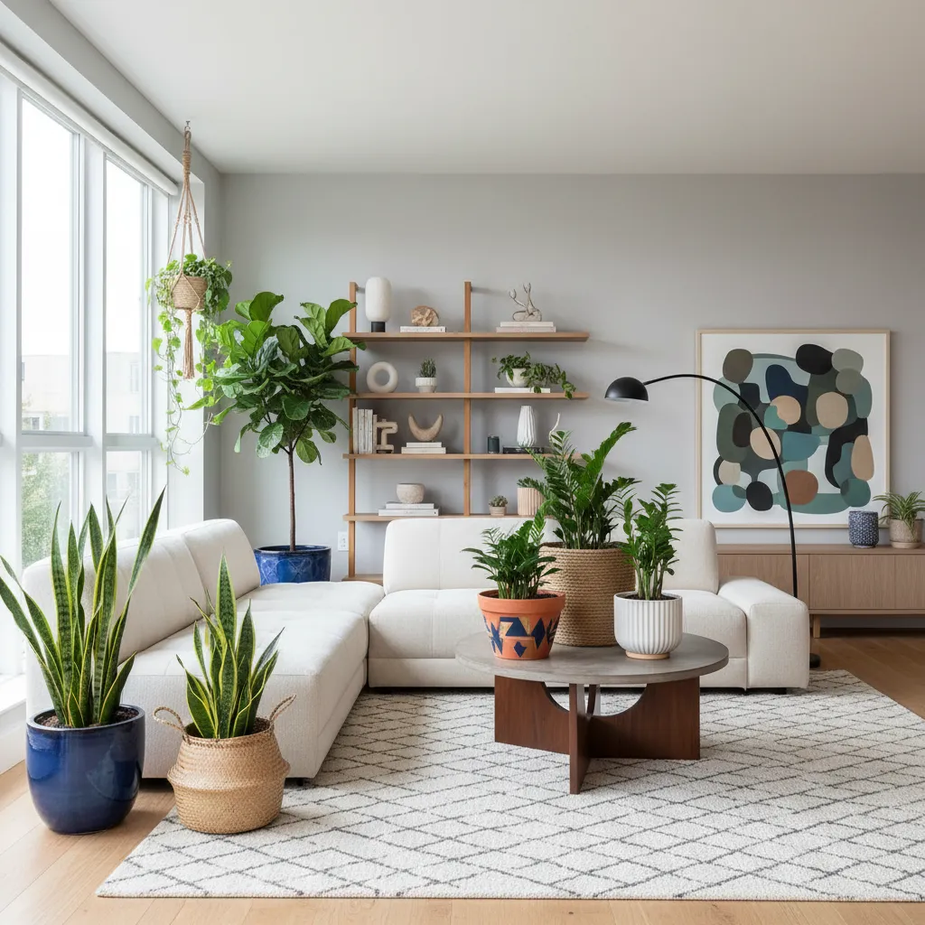 Varias macetas decoradas integradas en un salón moderno