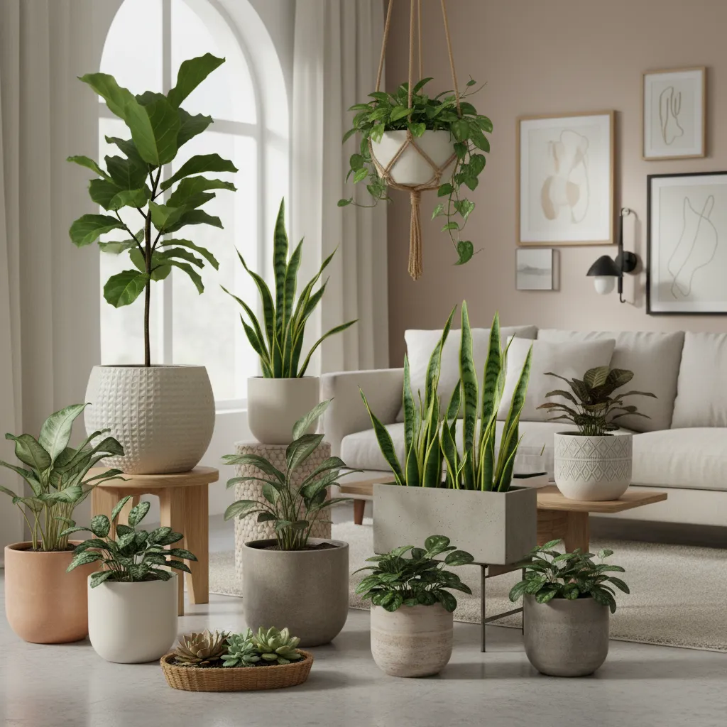 Colección de macetas decorativas con diferentes plantas de interior