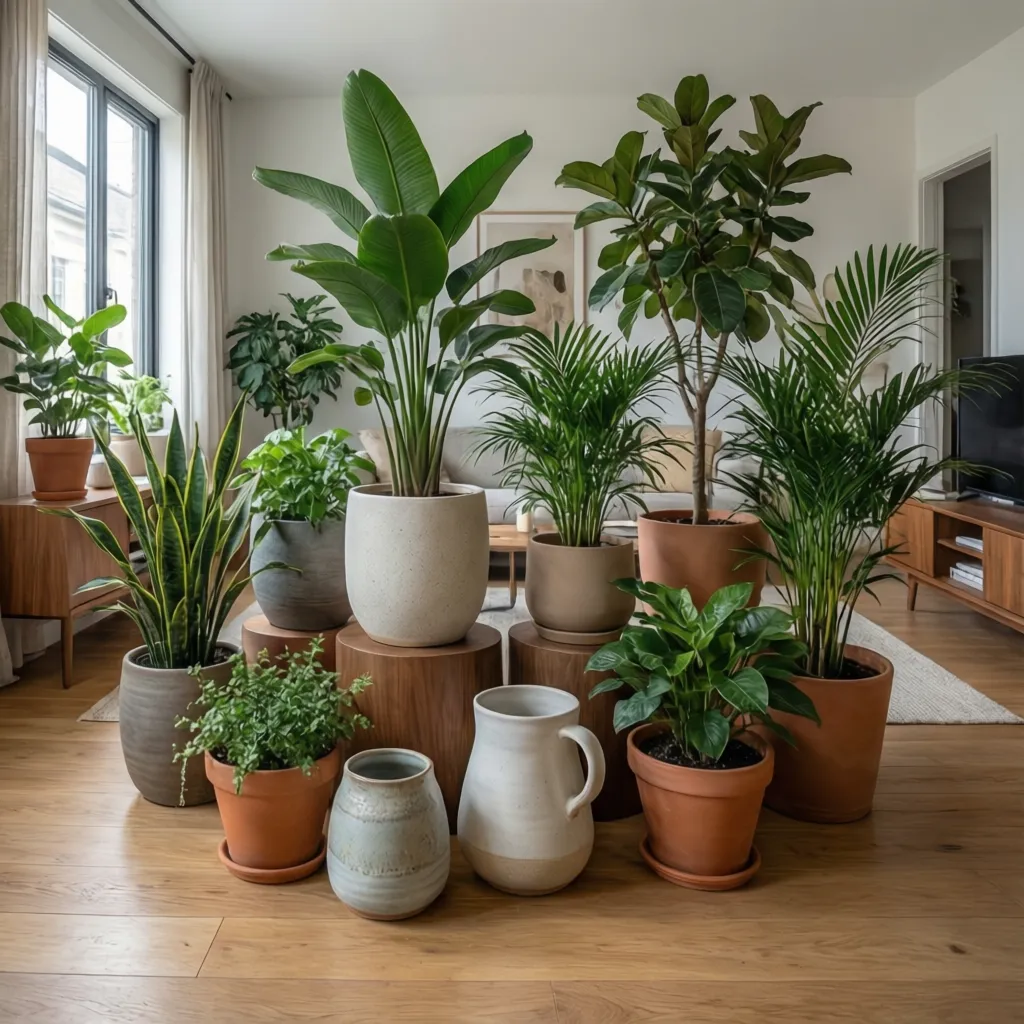 Diferentes macetas decorativas combinadas en un salón moderno