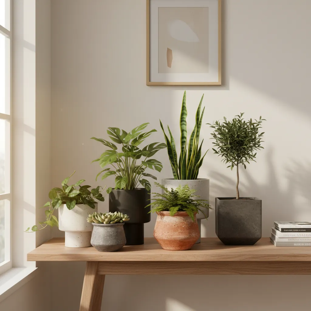 Diferentes macetas decorativas con plantas de interior