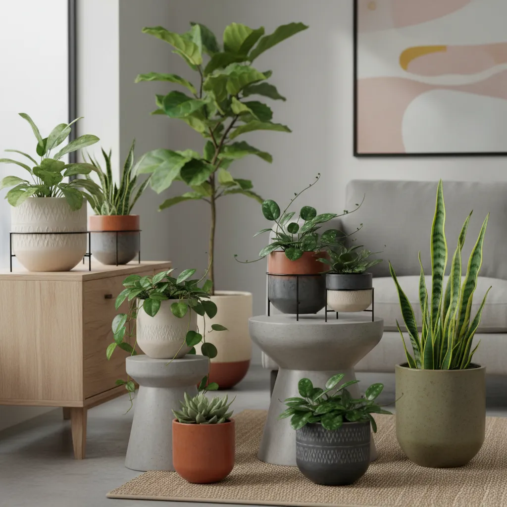 Collection of green indoor plants in various pots placed on wooden cabinet and side tables