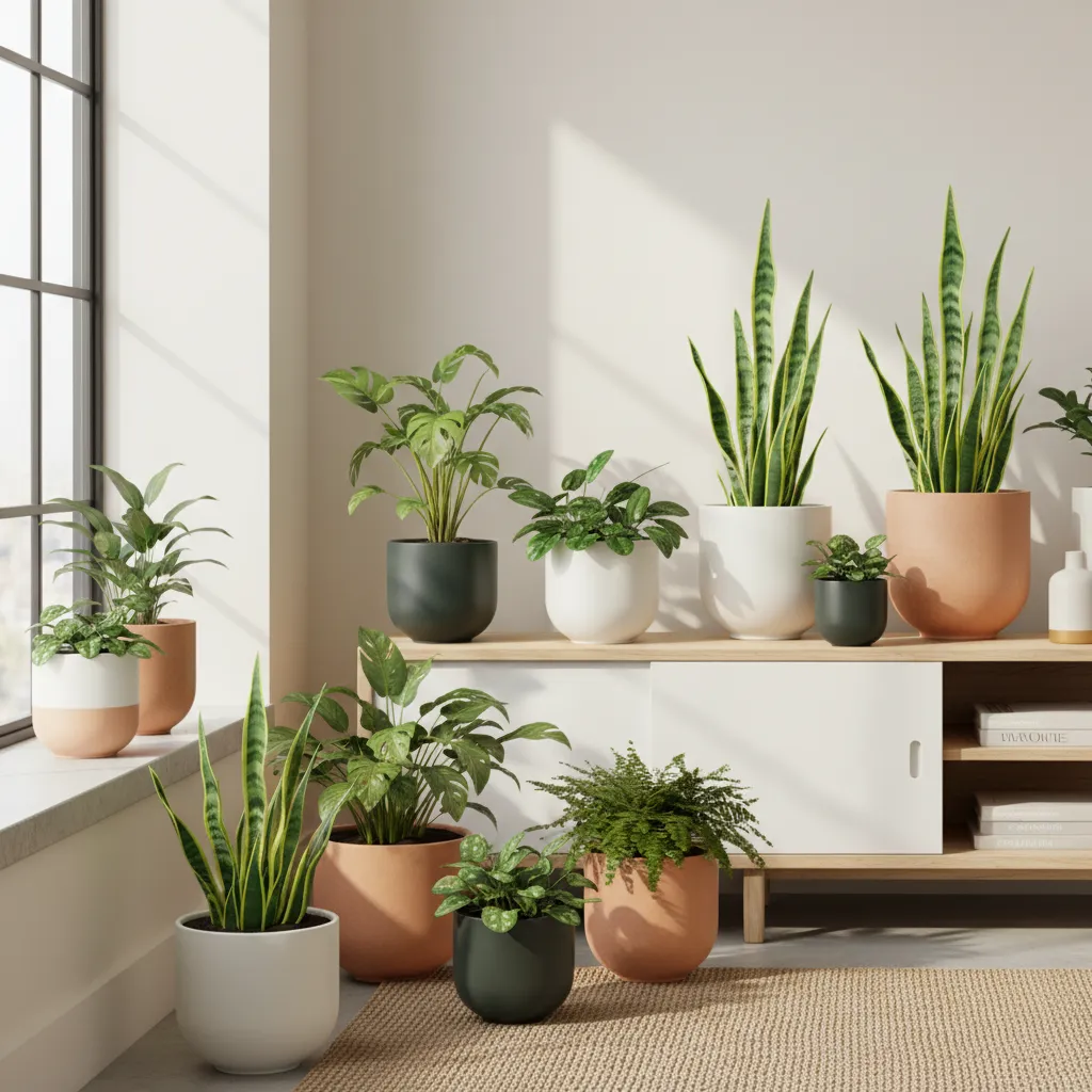 Interior design drawing of green plants in stylish pots on a white cabinet and windowsill