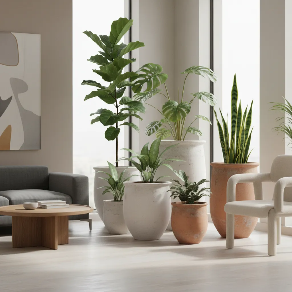 Diferentes macetas modernas para plantas grandes de interior