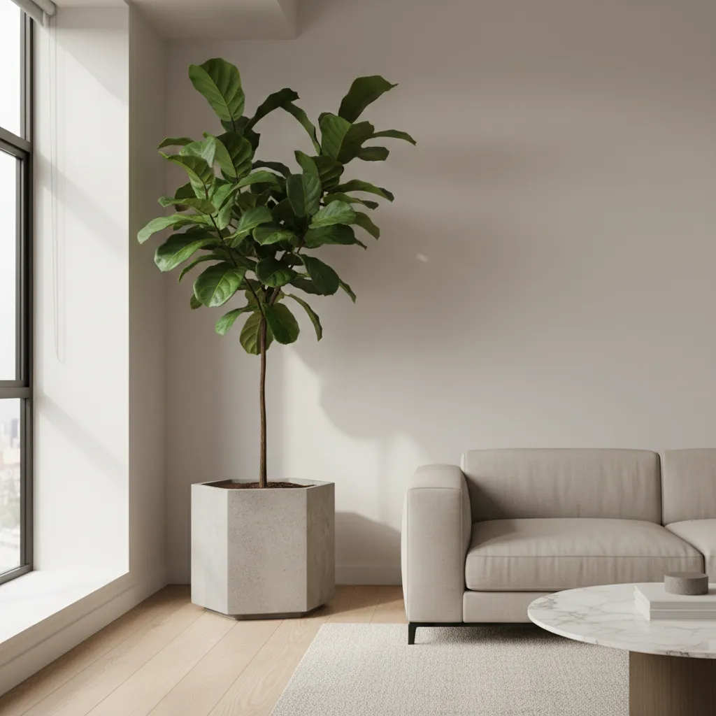 Macetero hexagonal grande con planta ficus en interior