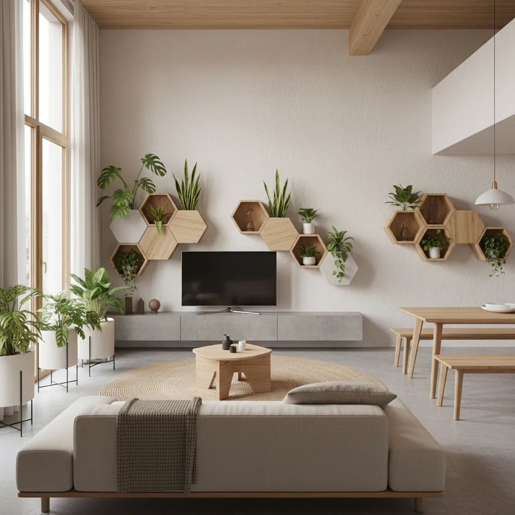 Interior moderno con maceteros hexagonales integrados en el diseño