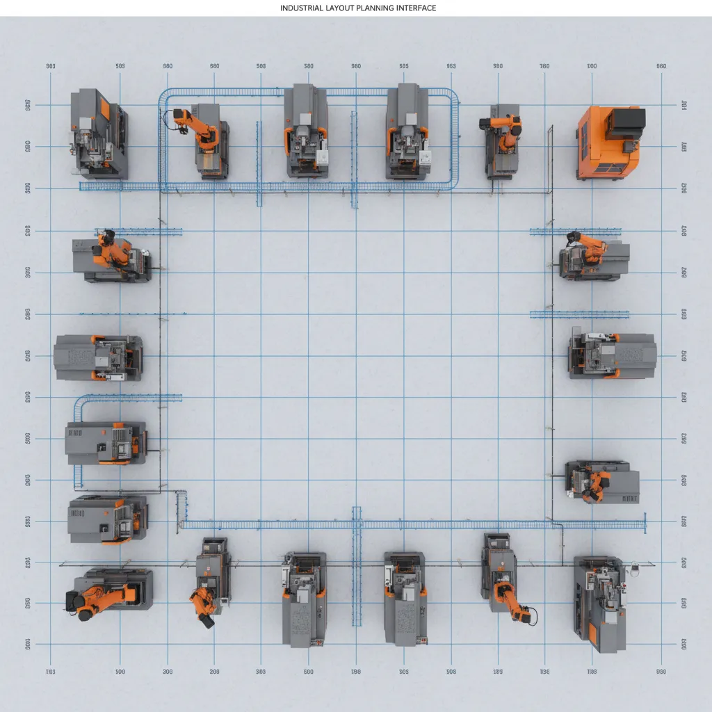 Factory machines aligned on grid in shop floor planning software