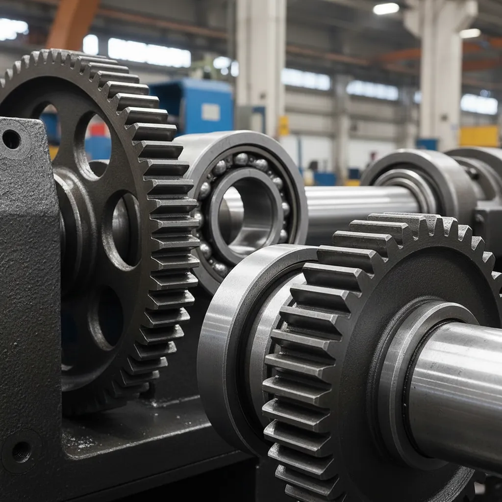 Conjunto de engranajes y ejes metálicos en un sistema mecánico industrial
