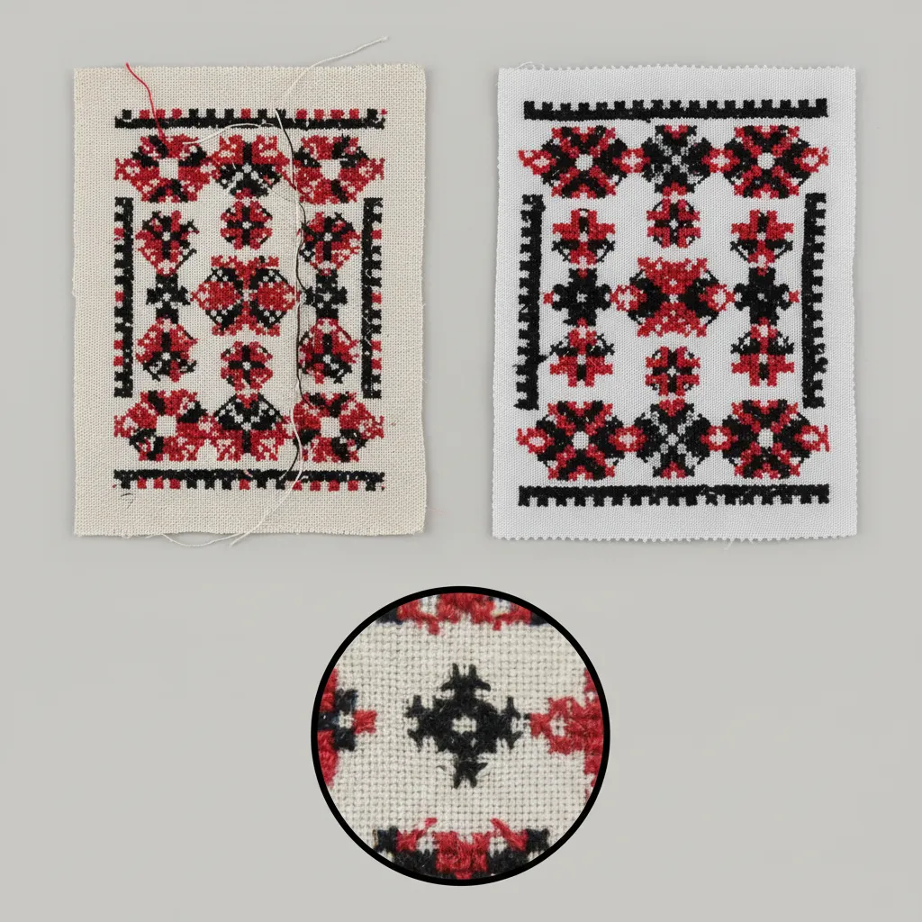 Comparison of machine made embroidery and handmade tatreez textile patterns