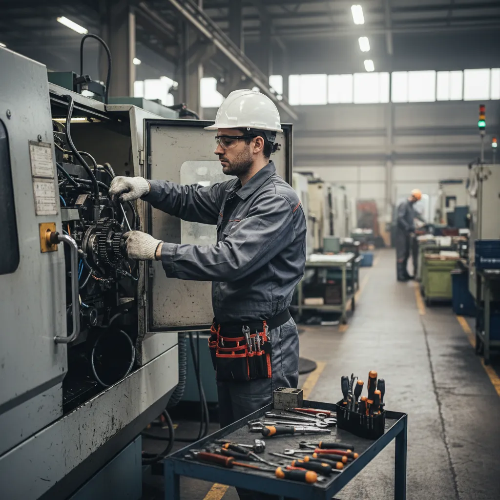 Técnico realizando mantenimiento en una máquina industrial
