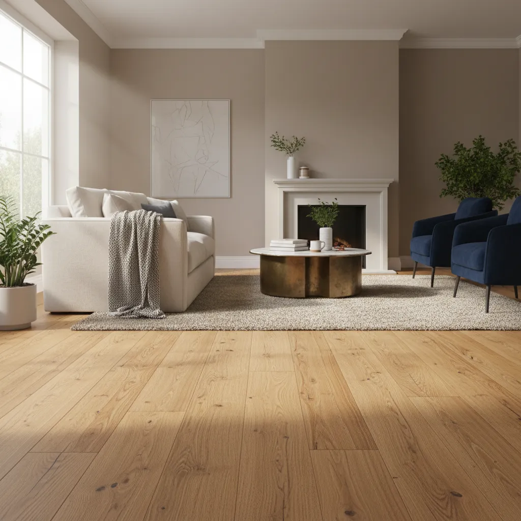 Bright living room showing light wood flooring white sofa fireplace round coffee table blue chairs