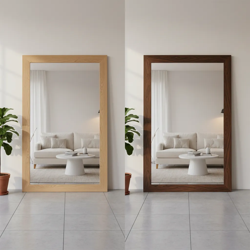 Comparación entre espejo con marco de madera clara y madera oscura